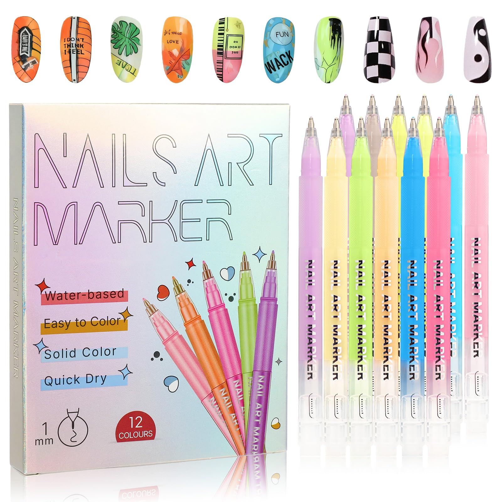 Photo 1 of 12 Color Nail Art Pens Set, 3D Quick-Dry 1 MM Nail Polish Pens, Nail Art Painted Pen Kit, DIY Nail Art Marker Graffiti Dotting Pen, for Nails Art Design Manicure Nail DIY Decoration (B)