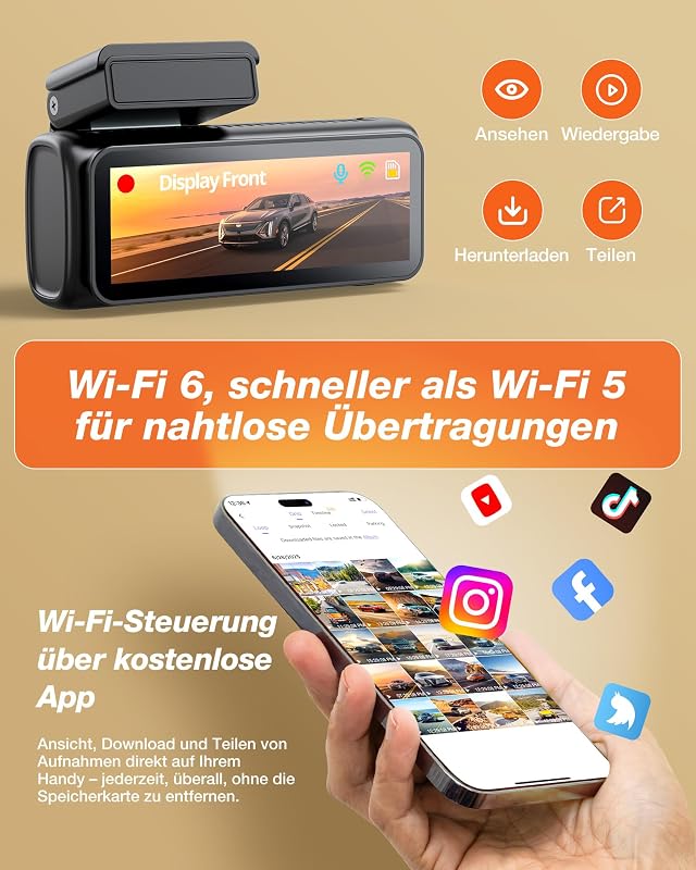 4K Dashcam Auto Vorne Hinten, WiFi 6 Auto Kamera mit 32GB SD Karte