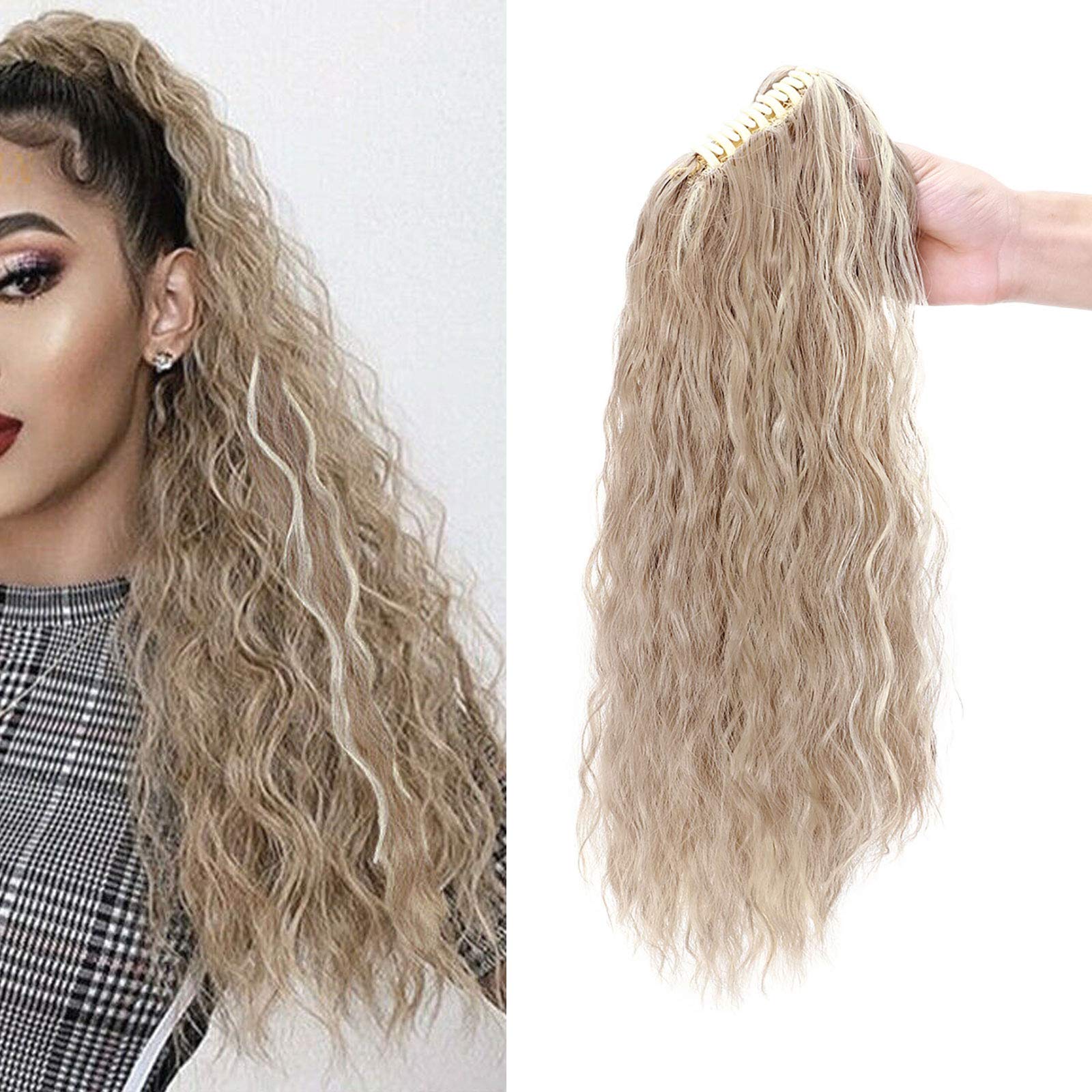 Real Fashion Corn Wavy Ponytail Extension Claw Clip 24" Long Wavy Curly Hair Extensions Jaw Clip Ponytail Hairpiece Pony Tail Sandy Blonde & Bleach Blonde