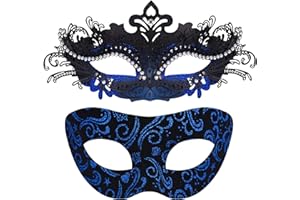 SIQUK Couple Masquerade Masks Plastic Venetian Party Mask Halloween Mardi Gras Mask for Women Men(Inlaid Alloy Black, Blue)
