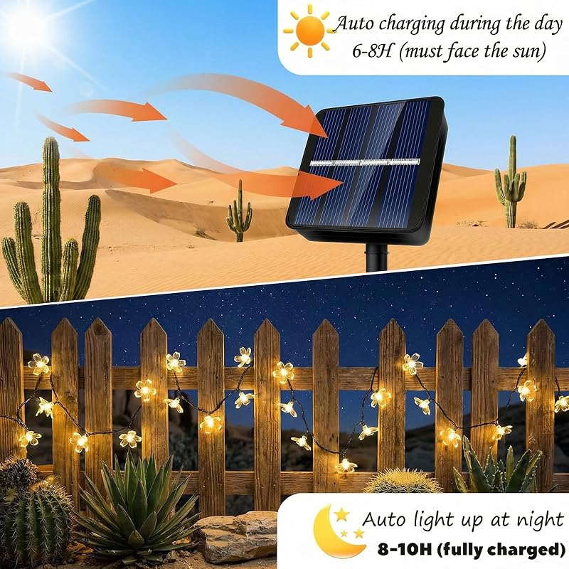 Guirlanda solar exterior, luzes solares de 11 m, flores exteriores, 60 LED, impermeável, 8 modos com memória, flores LED para jardim, terraço, varanda, festa, casamento, decoração de pátio