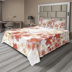 Ambesonne Floral Sheet Set, Japanese Sakura Flowers