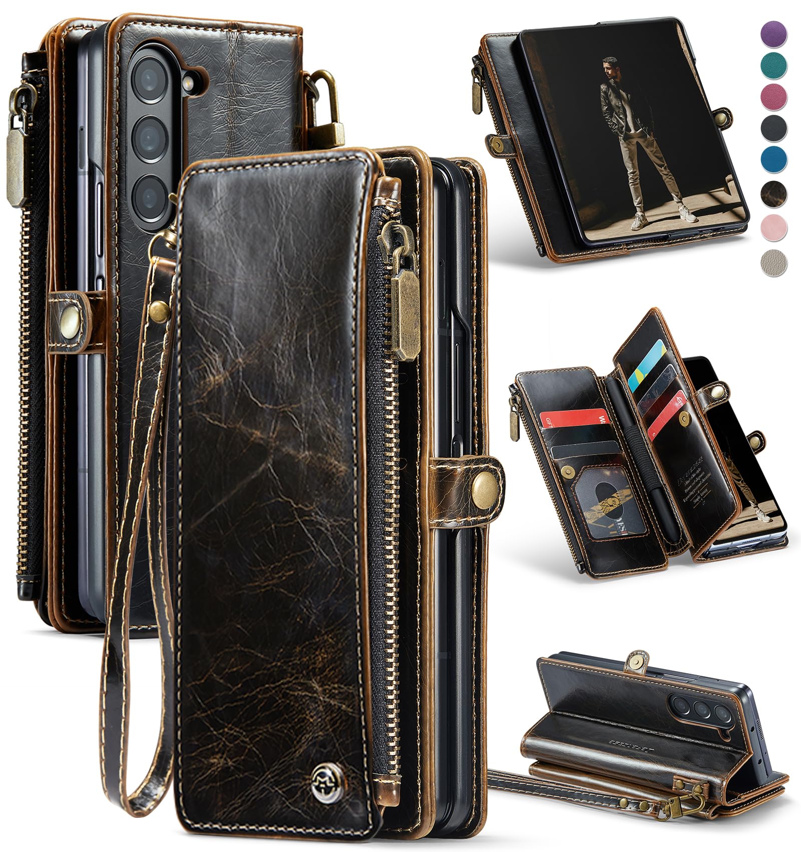 Photo 1 of Defencase Wallet Case Compatible with Samsung Galaxy Z Fold 6 with RFID Blocking Card Holder & S Pen Holder Slot PU Leather Magnetic Snap Flip Zipper Strap Phone Case Fit for Galaxy Z Fold 6, Coffee