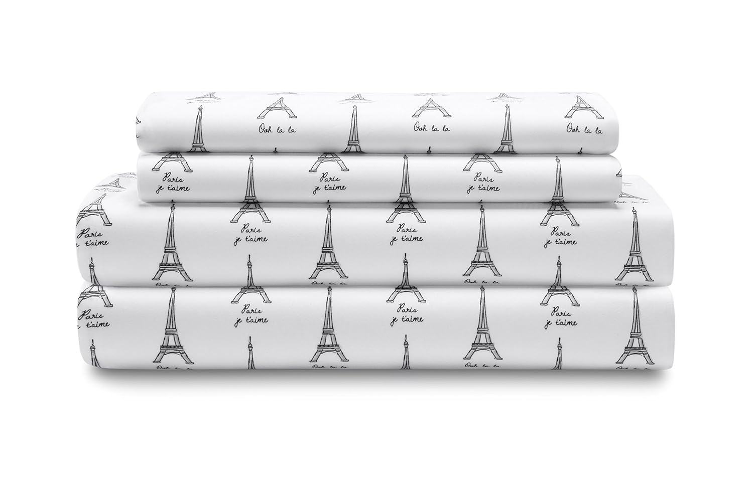 Elite Home Products Microfiber 90 GSM Whimsical Printed Deep-Pocketed Sheet Set, Queen, White Paris