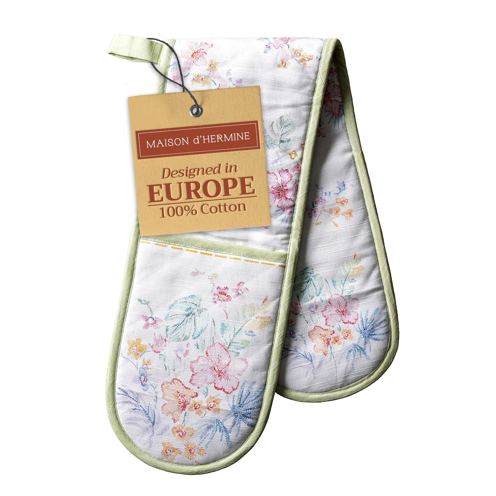 Maison d' Hermine Double Oven Mitts 100% Cotton 18 cm x 89 cm Double Oven Mitt Heat Resistant BBQ Cooking Gloves with Loop Baking Grilling Handling Hot Pans Gifts for Mothers Day (Paradise Island) — image 1