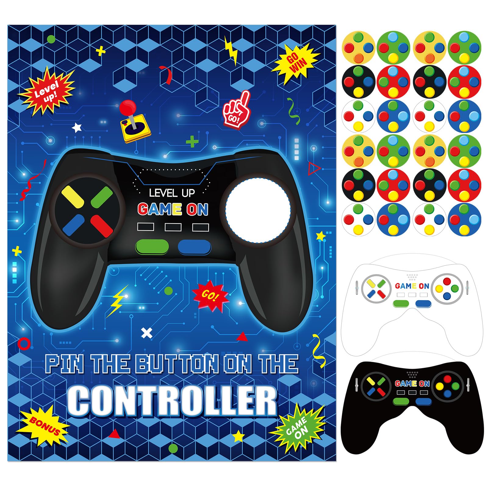 Photo 1 of Faccito Pin The Button on The Video Game Birthday Games Set Video Game Poster with 24 Button Stickers 2 Games Controller Blindfolds for Birthday Party Wall Home Room Decorations Activities Supplies