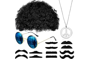 WILLBOND Hippie Afro Wig Disco Accessories Costume Set Sunglasses Peace Sign Necklace Moustache for 50/60/70s Retro Theme Party