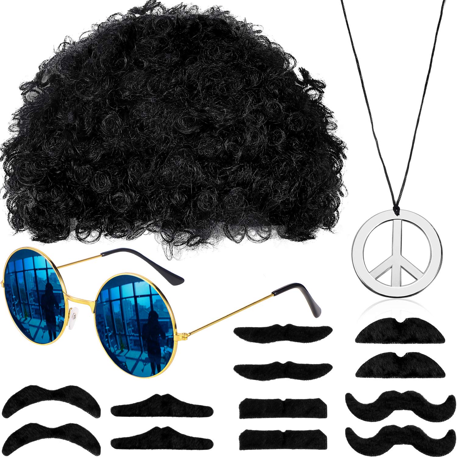Photo 1 of WILLBOND Hippie Afro Wig Disco Accessories Costume Set Sunglasses Peace Sign Necklace Moustache for 50/60/70s Retro Theme Party