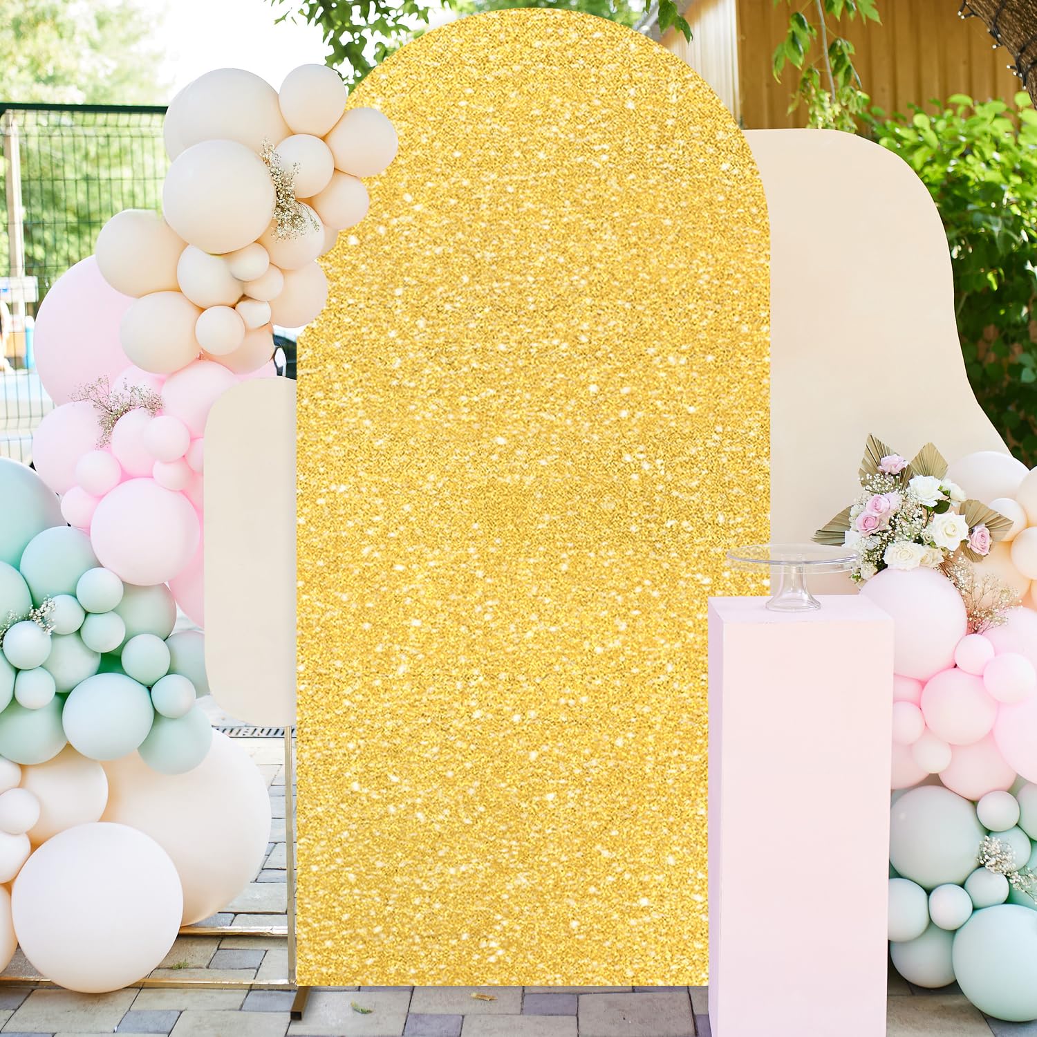 Photo 1 of FUHSY 6FT Arch Stand Cover Sequin Arch Cover Gold Arch Backdrop Cover Glitter Chiara Backdrop Stand Covers 2-Sided Round Top Fitted Wedding Arched Frame Covers for Birthday Party Baby Shower Events