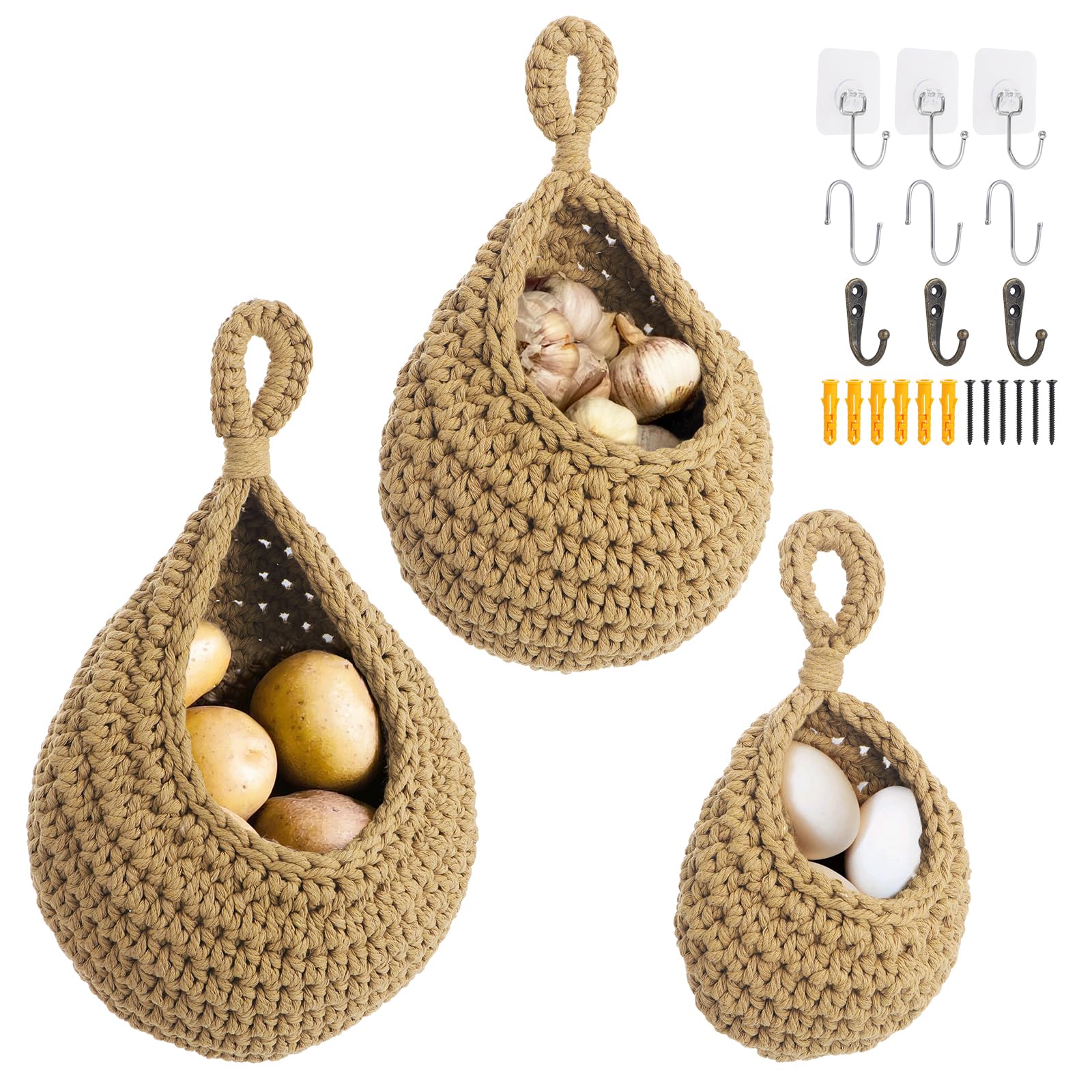 Kyrio 3pcs Hanging Fruit Basket, Hanging Vegetable Basket for Kitchen, Woven Teardrop Hanging Storage Basket, Hanging Wall Basket for Fruit Vegetable Storage (Brown)