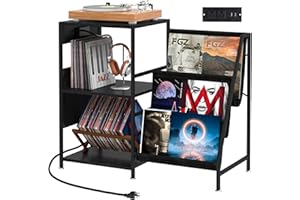 Clikuutory Record Player Stand, Vinyl Record Storage with Power Outlet Holds Up to 200 Albums, Turntable Stand with 3-Tier Vinyl Storage, Record Player Table for Bedroom , Living Room, Black