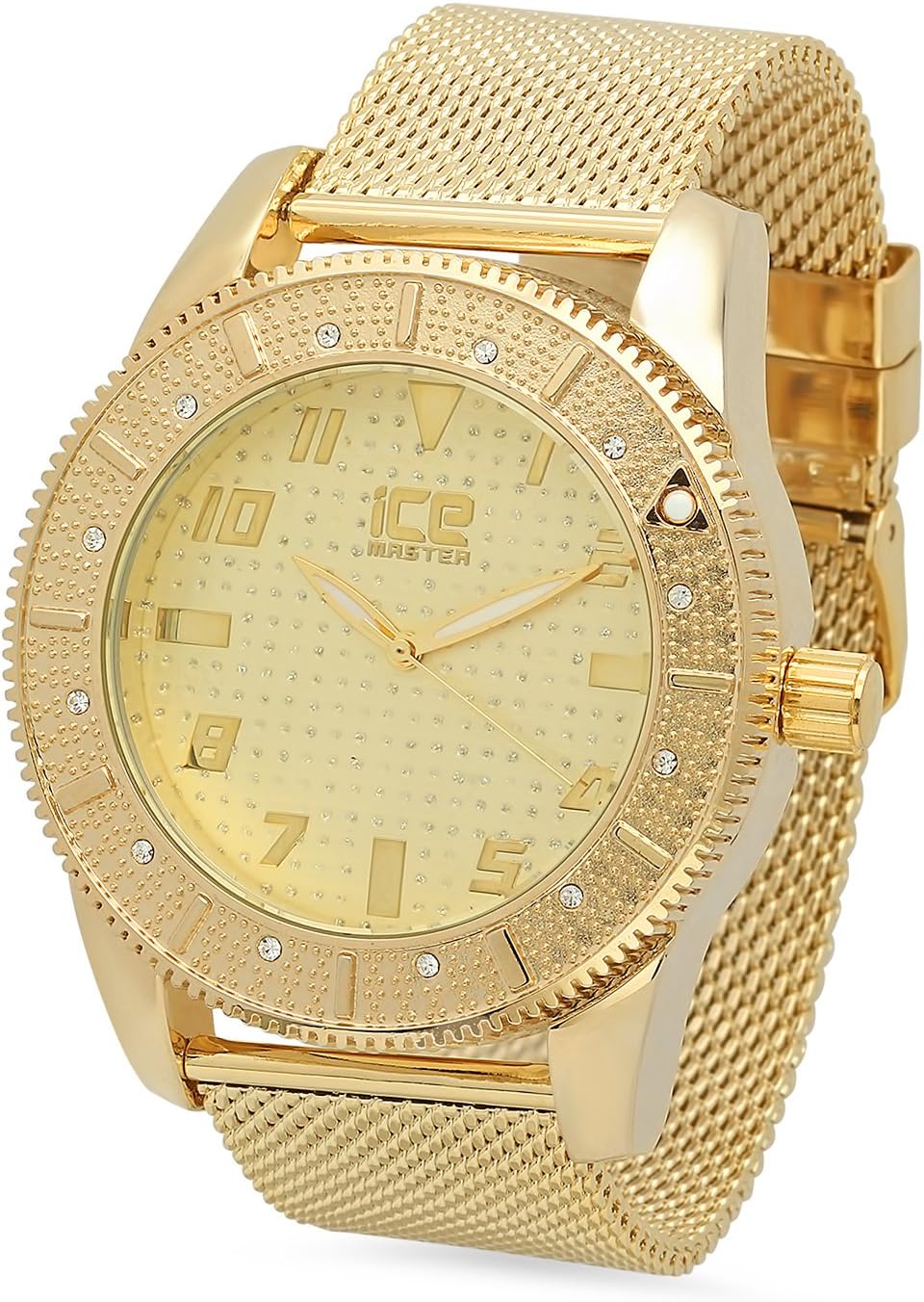 Gold Plated Ice Master Gold Dial Watch with CZ Bezel & Mesh Band + Microfiber Cloth