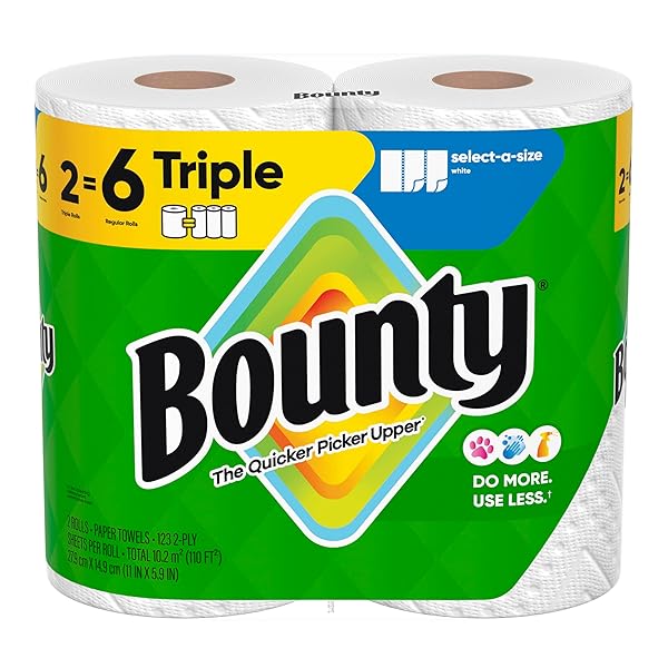 BOUNTY SELECT-A-SIZE PAPER TOWELS, WHITE, 2 TRIPLE ROLLS = 6 REGULAR ROLLS