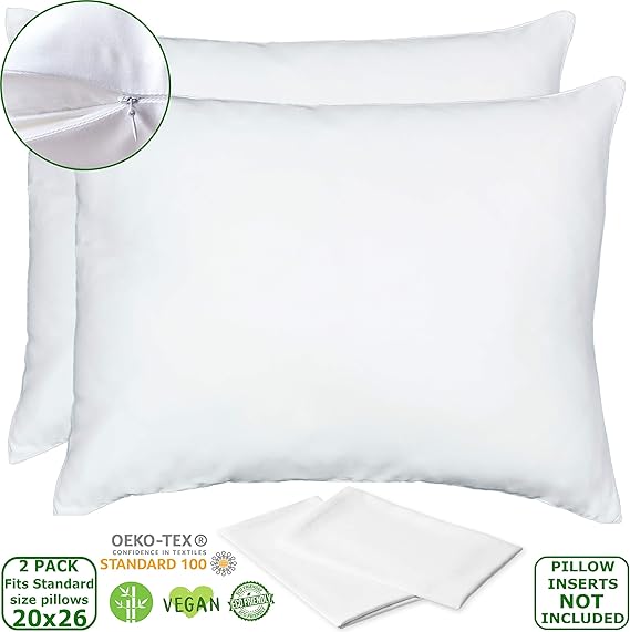 Vegan Silk Bamboo Pillow Cases Lyocell Set of 2 Zippered Pillowcases
