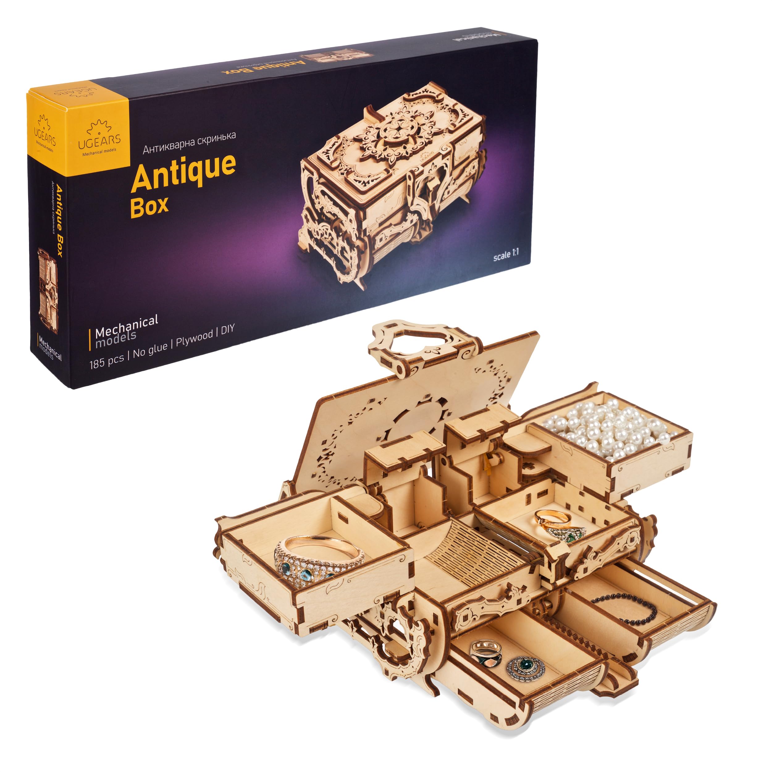 Ugears Antique 3D Puzzle Box - 3D Wooden Puzzles for Adults Mechanical Treasure Chest - Secret Compartment Building Set with Lock - 3D Wooden Model Kits For Adults to Build Gift for Christmas