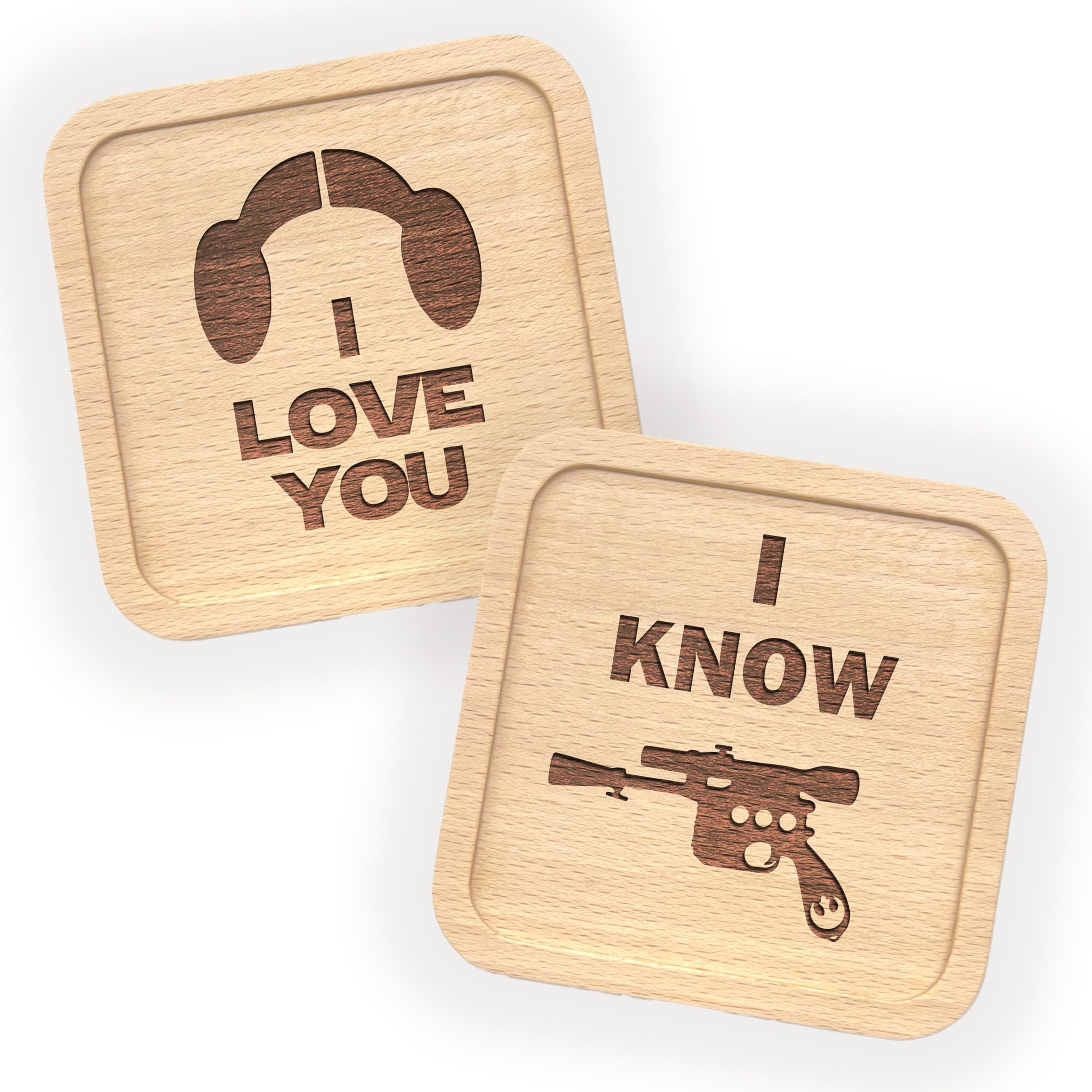 Space Wars Inspired Couples Coaster Set | His and Hers Gift | Wedding, 5th Wooden Anniversary, Valentines Day | I Love You/I Know Design | Engraved Set of 2 - Unofficial Fan Item
