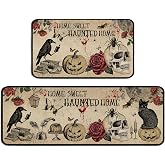 Halloween Vintage Kitchen Mats for Floor,Goth Skull Black Cat Kitchen Rugs Sets of 2,Gothic Home Sweet Haunted Home Non-Slip Washable Kitchen Decor Floor Rug Home Decoration Doormat 17