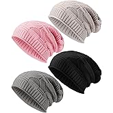 Haysandy 4 Pcs Knit Slouchy Beanie Hat for Women Men Oversized Soft Warm Winter Beanie Hat Chunky Stretch Cable Knit Cap