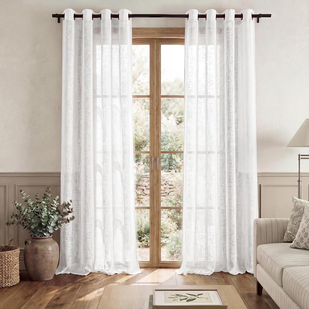 PONY DANCE Linen Look Voile Curtains White Set of 2 55x86 Inches