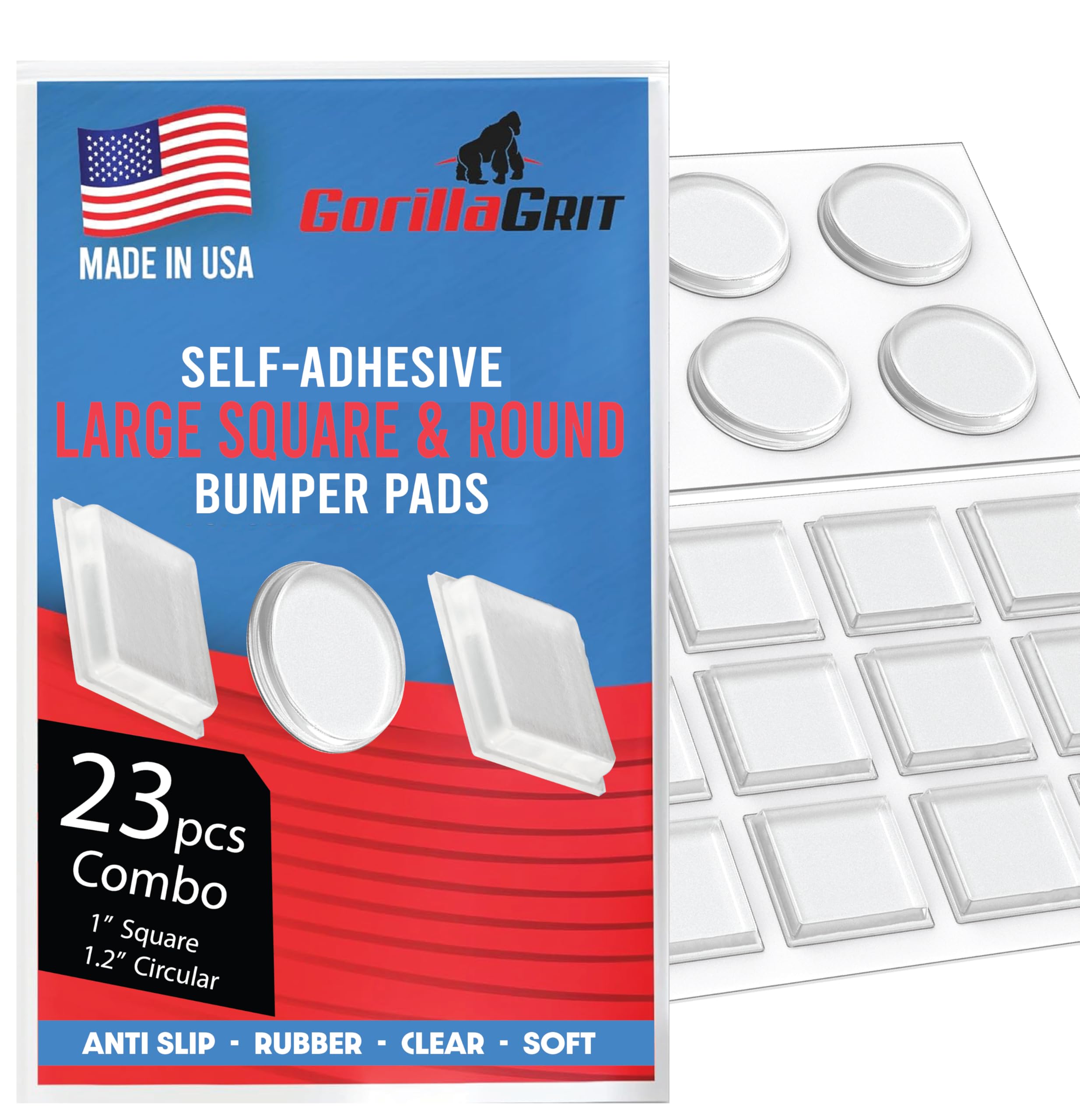 Photo 1 of 1 Inch Clear Adhesive Bumpers Combo Pack (Square, Circle) - Made in USA - Set of 23 Transparent Glass Protective Pads, Self Stick Rubber Pads for Glass Table Top, Furniture Feet, Picture Frames