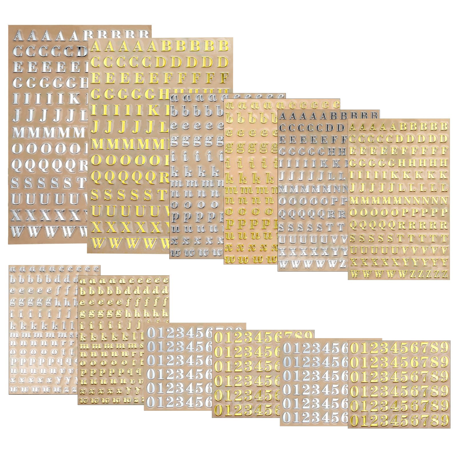 Photo 1 of 12 Sheets Small Letter Stickers Mini Numbers Stickers Alphabet Sticker Gold Silver Self Adhesive Glitter Sticker for Decoration DIY Craft Scrapbook Nail Sign Address Number