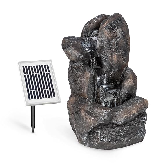 Blumfeldt Felsquell • Solar-Kaskadenbrunnen • Gartenbrunnen • Garten-Deko • LED-Beleuchtung • 2 Watt Solarpanel • 2000mAh Akk
