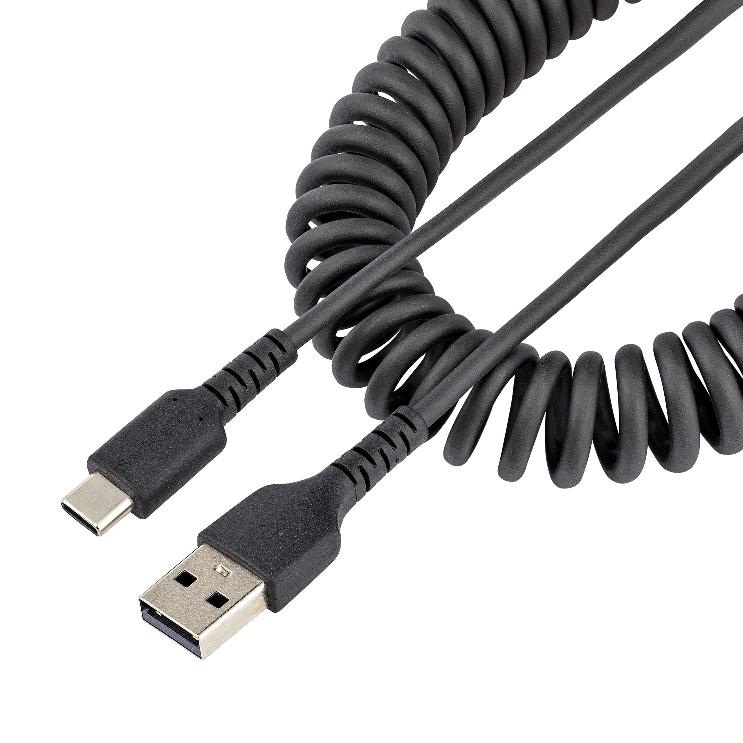 StarTech.com 20in (50cm) USB A to C Charging Cable,Coiled Heavy Duty Fast Charge Sync USB-C Cable, USB 2.0 A to Type-C Cable, Rugged Aramid Fiber, Durable Male to Male USB (R2ACC-1M-USB-CABLE), Black