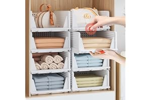 Neprock Clothes Organizers and Storage, 5 Pack Stackable Plastic Bins, Foldable Closet Organizers Drawers for Clothing storage (5L)（White）