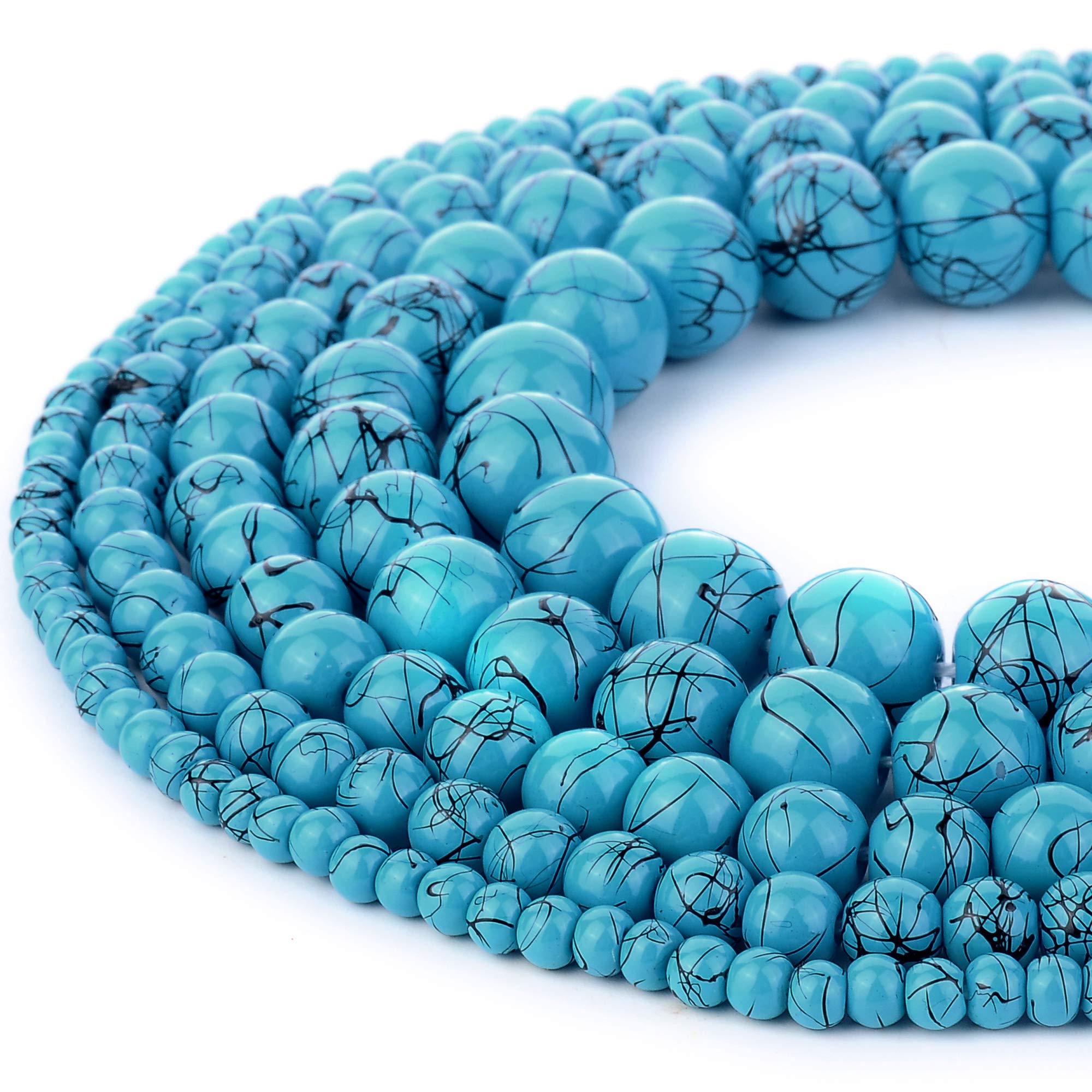 RUBYCA 300pcs Mixed Sizes Loose Glass Beads for Jewellery Making, Opaque Blue, Black Paint Splatter