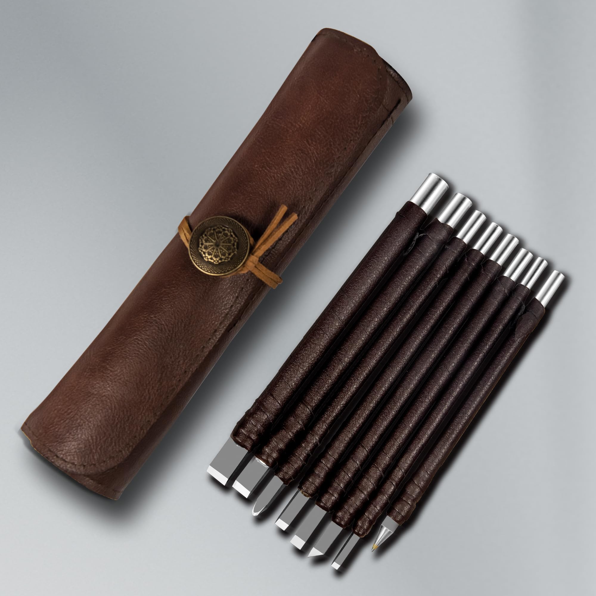8 Pcs Tungsten Steel Chisel, Metal Engraving Tools, Chisel Set with Leather Sheath for Woodworking, Seal and Bamboo Carving