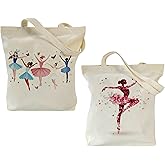 Zenloria Ballet Dance Print Canvas Tote Bag Set of 2 Ballerina Design Reusable Shopping Bags, Gifts for Dancers and Teachers