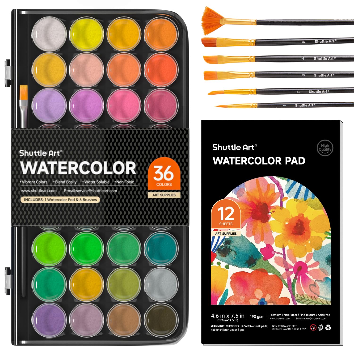 Shuttle Art 43 Pack Watercolour Paint Set, 36 Colours Watercolour Paint Pan Set with 6 Brushes and 1 Watercolour Pad for Beginners, Kids Watercolour Painting, Calligraphy