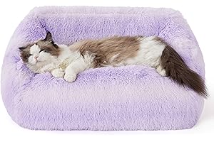LE SURE Lesure Cute Cat Bed Indoor - Furry Cat Bed Large, Washable Calming Small Dog Beds for Puppy with Fashion Design, 26x21x9inches, Purple Stripe