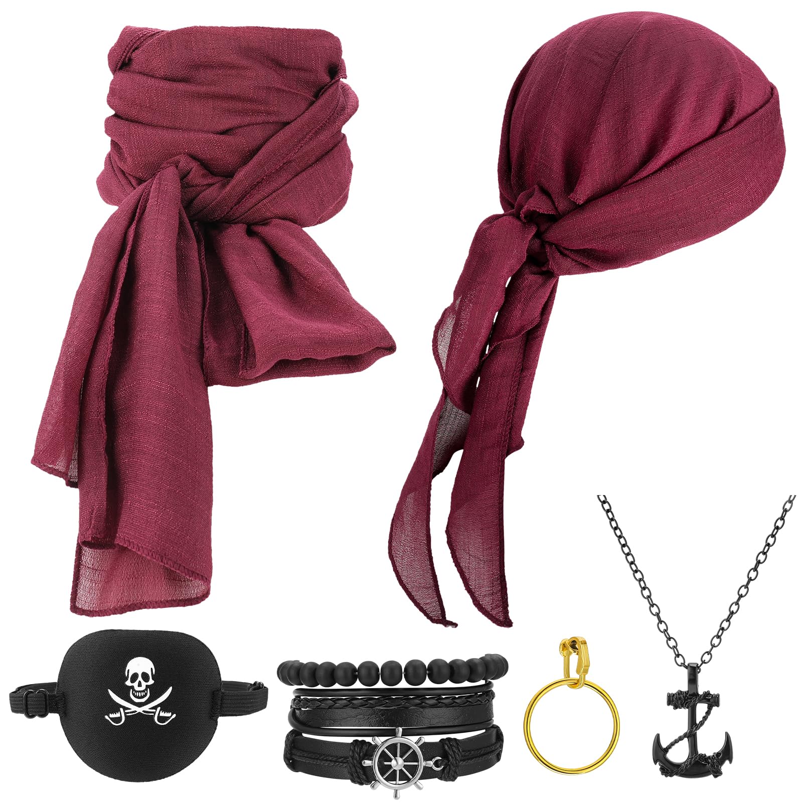 ViEinkaufen 6 Pcs Pirate Accessories Set,Medieval Renaissance Pirate Bandana Large Sash Belt Necklace Bracelets Gold Earring Eye Patch Fun Dress Up Costume Adult Kids for Halloween