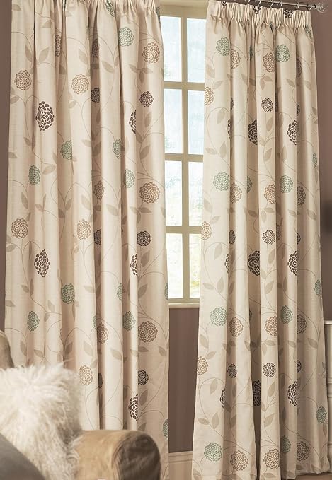 Ross Floral Lined Curtains 90 X 54 Allium Flowers Natural Cream