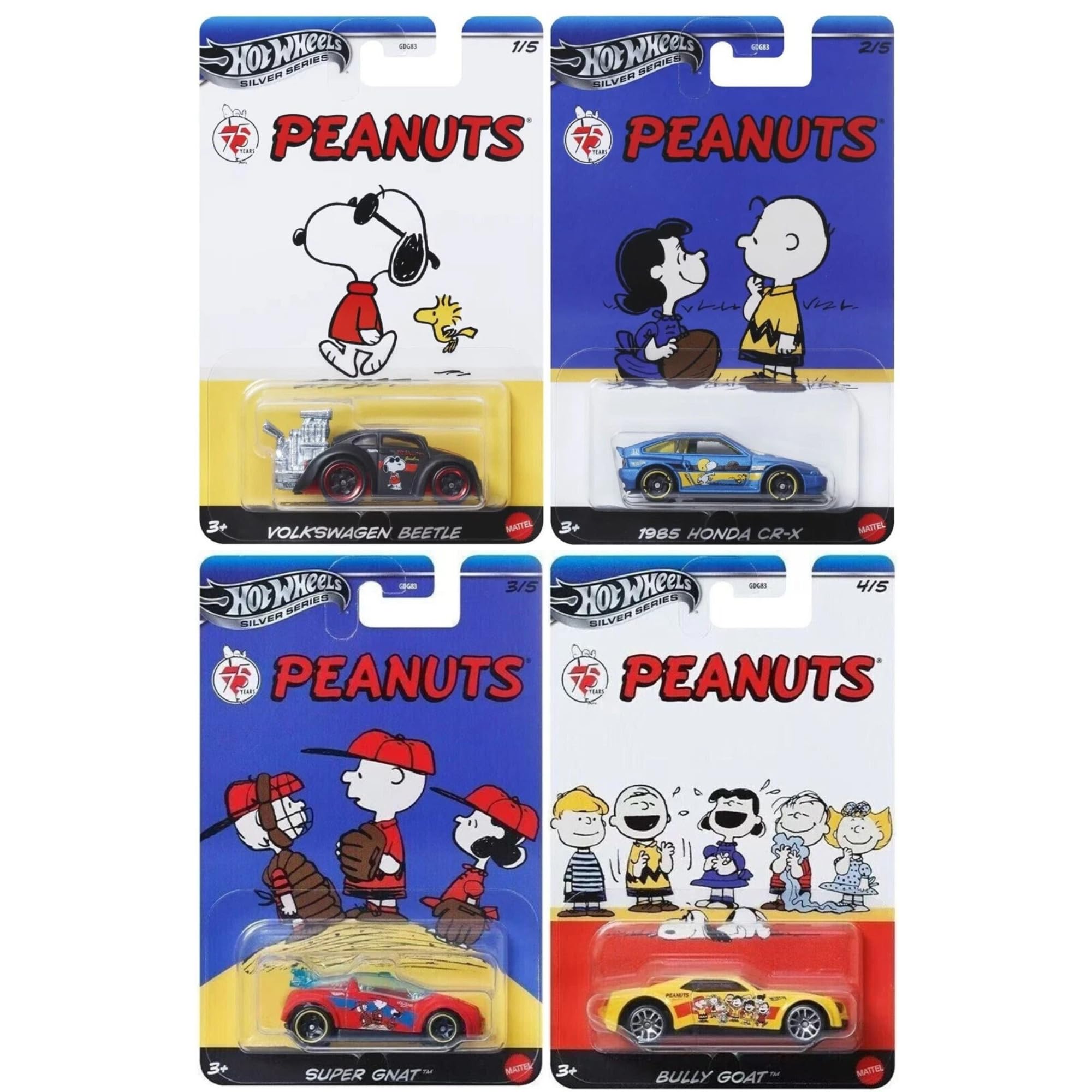 Hot Wheels 1:64 Scale Cars, Racecars, Trucks & Bikes - (Silver Series Peanuts Set of 4)
