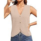 QILORA Sleeveless V Neck Crochet Tops for Women Button Down Sweater Vest Casual Loose Knit Summer Vacation Clothes