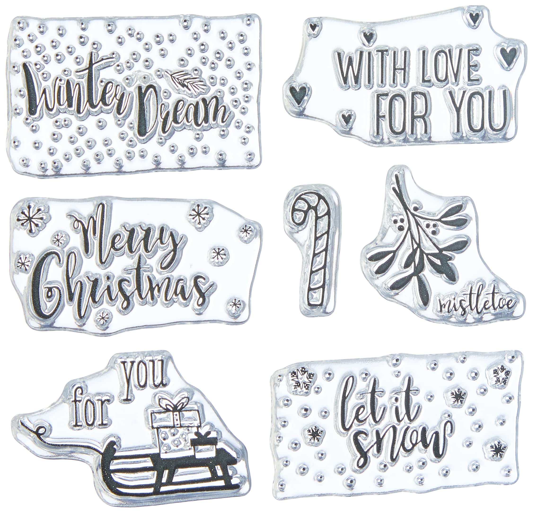 Rayher Set of 7 Clear Silicone Stamps for Cardmaking and Crafting, Assorted Winter Themed Designs and Seasonal Sentiments, 102.5x97mm, 50219000