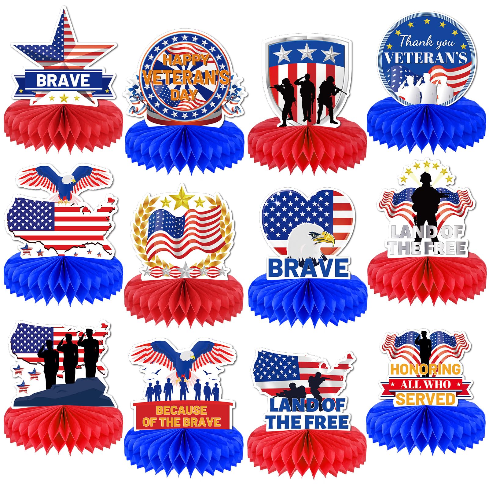 Photo 1 of 12 Pieces Happy Veterans Day Table Decorations Thank You Veterans Day Honeycomb Centerpieces for Tables Patriotic Army Deployment Party Supplies Military Table Toppers Party Favor