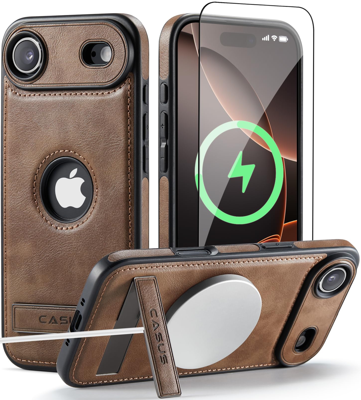 Casus for iPhone Air Case, MagSafe Compatible Vegan Leather Case with Slim Kickstand, Protective Cover with Tempered Glass Screen Protector, Gray, 6.5 Inch (2025)