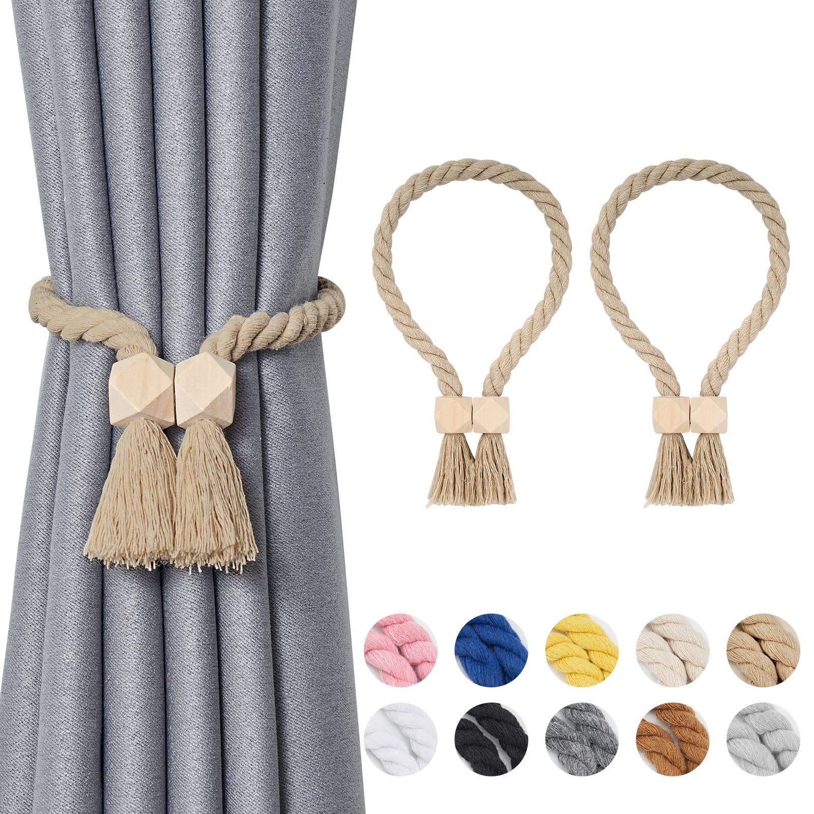 Pretty Jolly 2 Pack Wooden Polyhedron Magnetic Curtain Tiebacks Boho Home Decor Drape Tie Backs Natural Cotton Hand Woven Rope Curtain Holdbacks for Home & Office Window Draperies (Dark Beige)