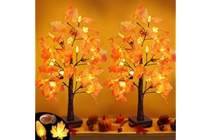 FLYSNK 2 Packs 24 Inch Lighted Maple Tree Fall Thanksgiving Decorations with 48 LEDs Timer Battery Operated 3D Acorn Maple Lampshade Artificial Autumn Tree Lights for Thanksgiving Table Decor Home Indoor