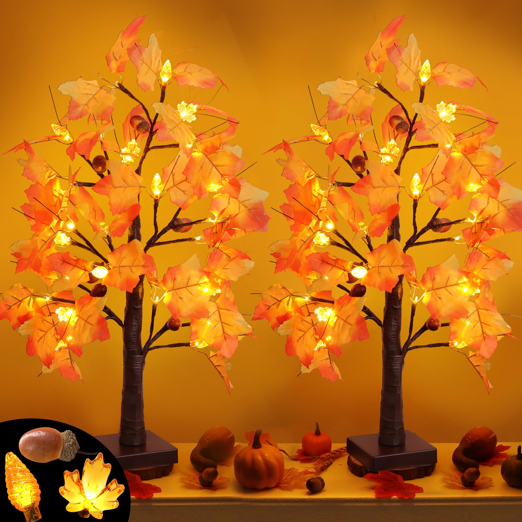 Photo 1 of **UNTESTED**
2 Packs 24 Inch Lighted Maple Tree Fall Thanksgiving Decorations with 48 LEDs Timer Battery Operated 3D Acorn Maple Lampshade Artificial Autumn Tree Lights for Thanksgiving Table Decor Home Indoor