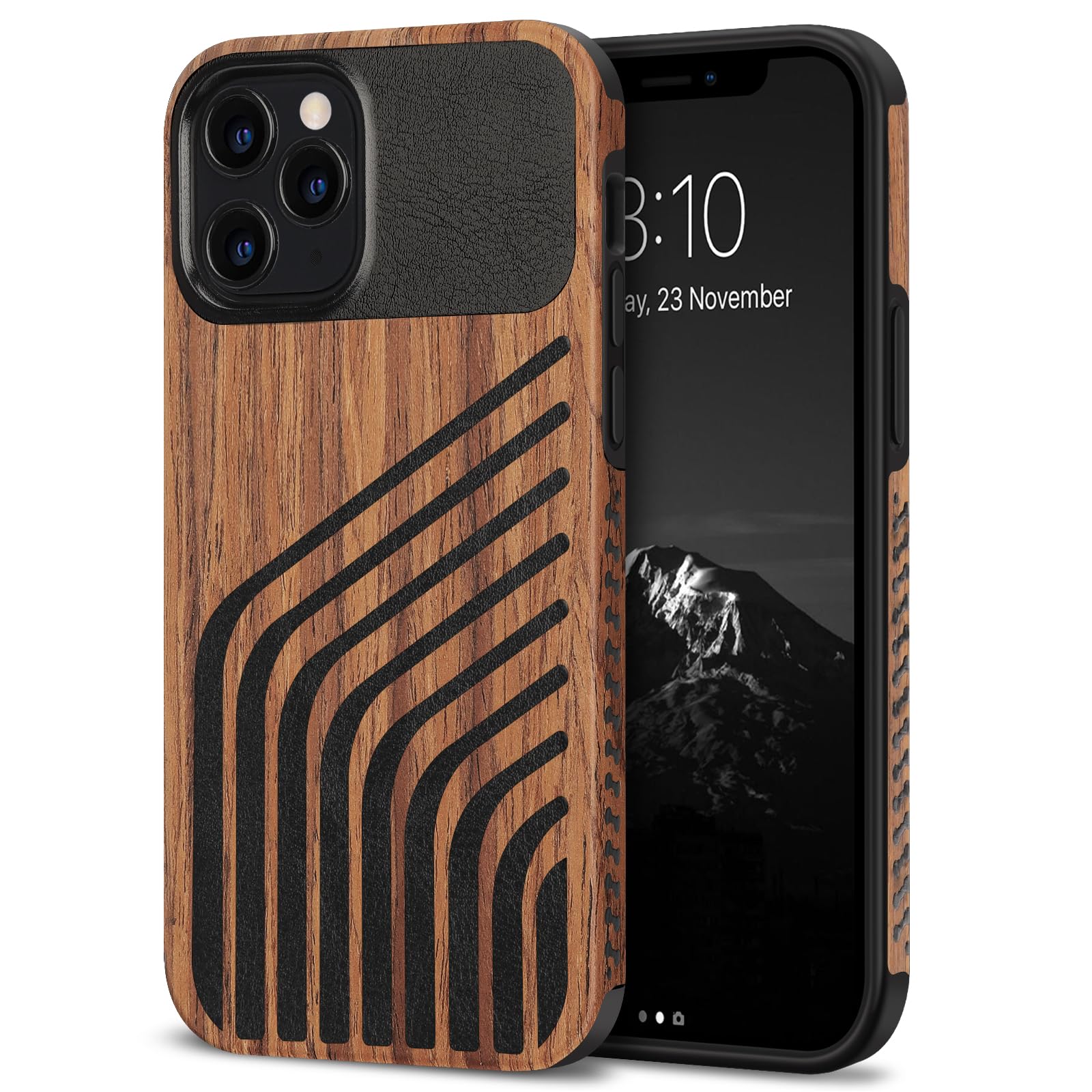 TENDLIN Compatible with iPhone 12 Pro Max Case Wood Grain with Carbon Fiber Texture Design Leather Hybrid Slim Case (Hairline)