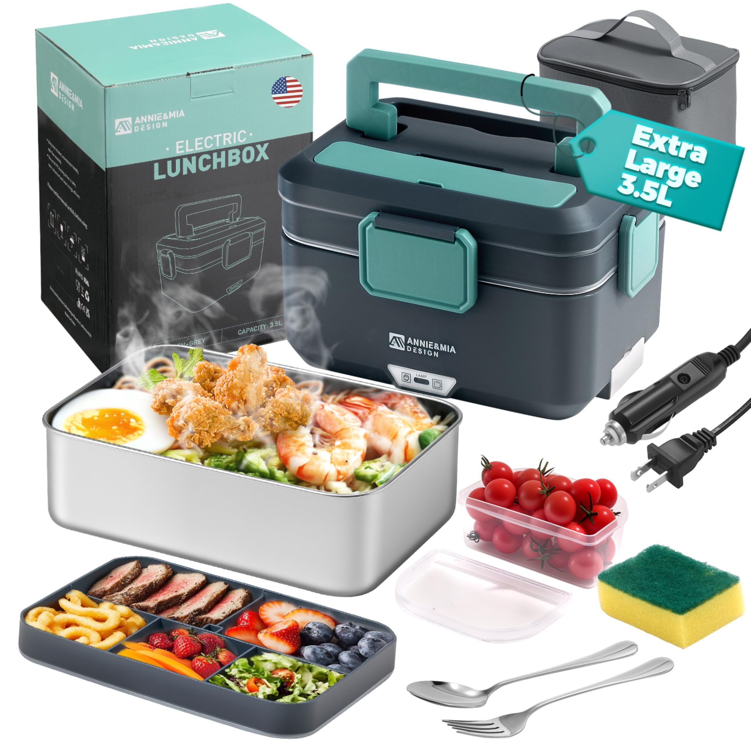 Photo 1 of Annie & Mia Design Electric Lunch Box for Adults, 90w 3.5L 2-Layer Portable Food Warmer, Dual Mode 2.5L + 1L Heated Lunch Box for Adults, Home/Car/Office/Truck Use, Lonchera Eléctrica Portátil