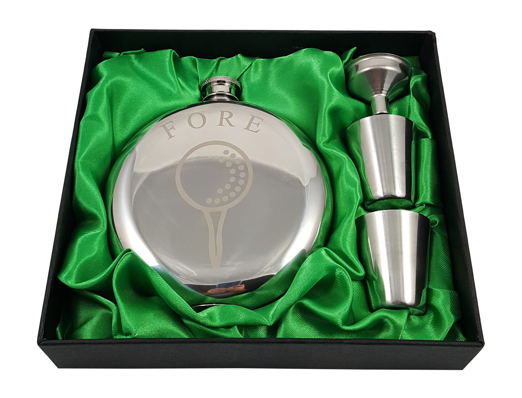 Golf Flask Gift Set - 10 oz Round Flask Engraved with Fore - Great Gift for Golfers