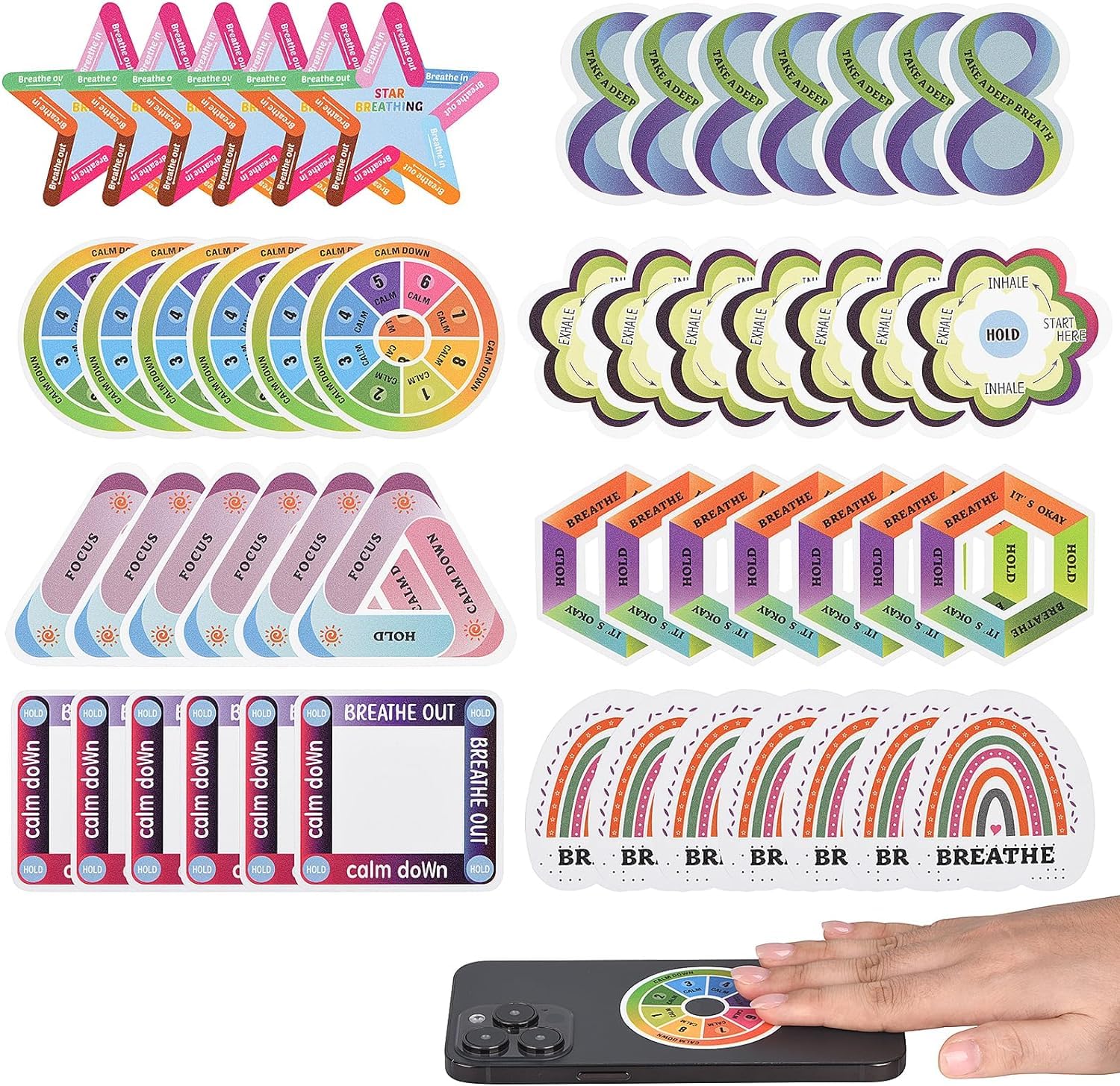 56 Pieces Calm Anxiety Sensory Stickers, 8 Styles 7 Sheets Fidget Tactile Calm Breathing Stickers Adhesives Anxiety Relief for Adults Teens Stress Relief