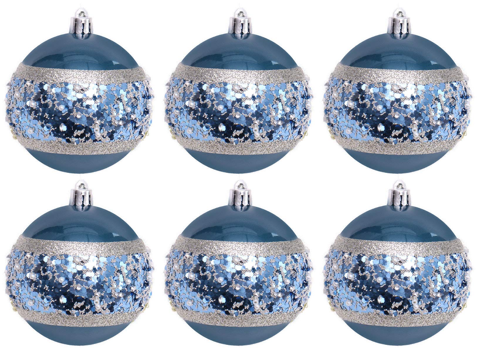 6 x Art Deco Inspired Teal Blue/Silver Sequin Stripe Christmas Tree Baubles
