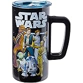 Silver Buffalo Star Wars Featuring Luke Skywalker, Princess Leia, Hans Solo, Chewbacca, Yoda, R2-D2, and C-3PO Double Wall Stainless Steel Travel Mug With Handle, 15 Ounces