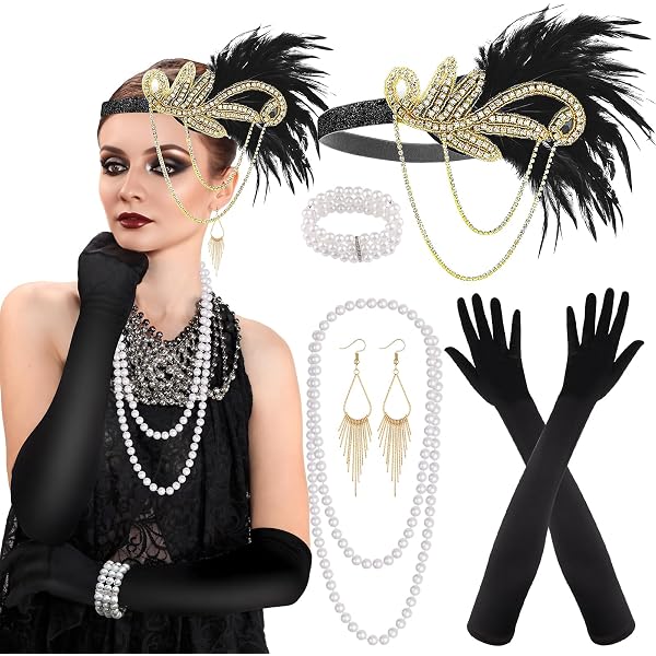 Yokawe 1920s Flapper Feather Headband with Pearls and  display picture 2